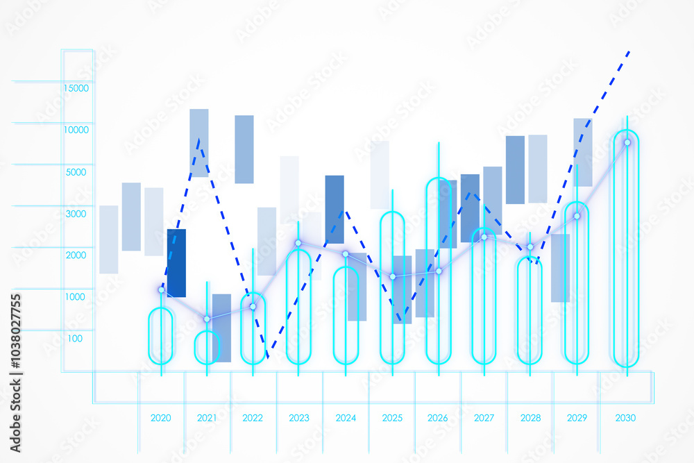 Poster financial chart with growth trend and data bars on white background. 3d rendering