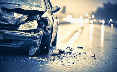 Minimalist scene of a crashed car on wet road for accident awareness and safety campaigns