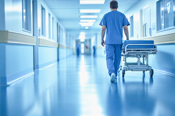 Minimalist perspective of a male nurse in a blue uniform in a hospital corridor