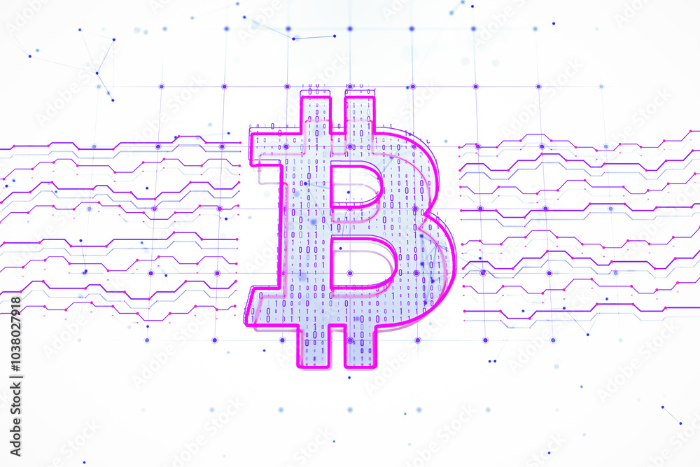 Aufkleber Bitcoin hologram with circuit lines on digital white background. 3D Rendering