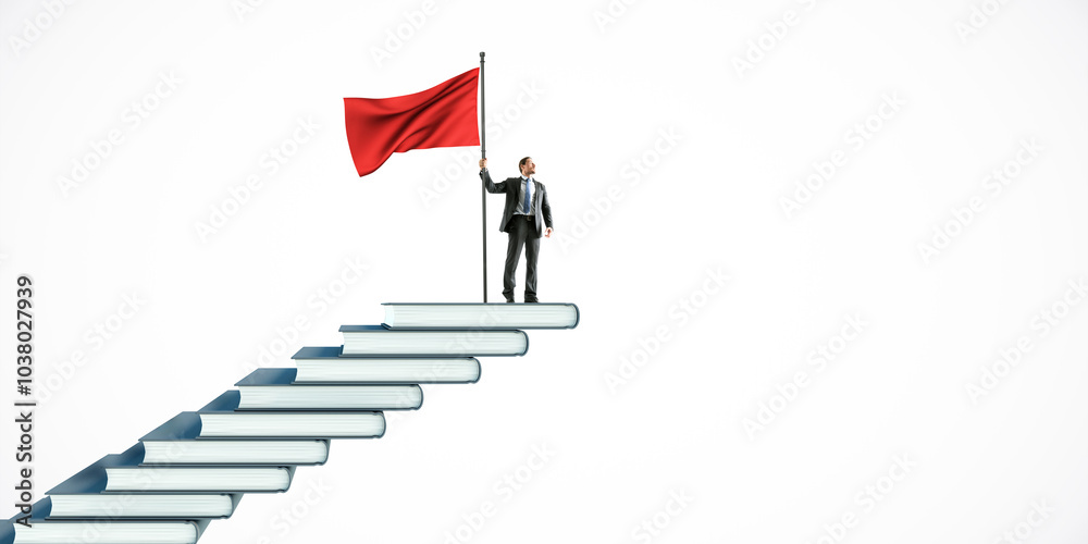 Poster businessman standing on books shaped like stairs with a red flag, symbolizing progress and success o