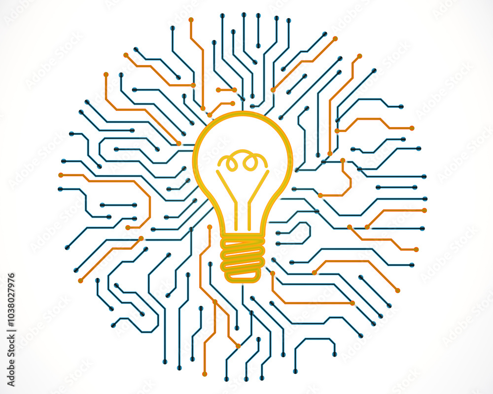 Poster Lightbulb with circuit lines on white background. 3D Rendering