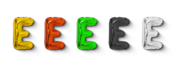 colorful balloon foils isolated on white background, set of letter E balloon foils, the shape of the Letter E balloon.	