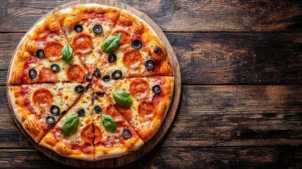 Tasty Pizza on Wooden Background Top View