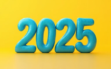 3D text "2025" with Inflate, puffy shapes made of saturated blue soft detailed leather, folds and wrinkles on material realistic modern design, soft lighting, yellow background --
