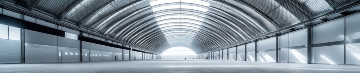 Fototapeta premium Industrial Archway: A stark and minimalist image of a wide, arched industrial space, bathed in soft, diffused light. The expansive hallway evokes a sense of vastness and potential.