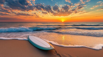 Peaceful Sunset Over the Ocean with Surfboard on Sand