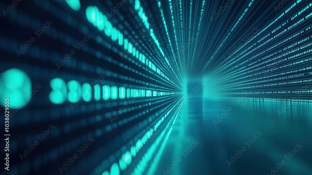 Poster digital tunnel with binary code flowing, futuristic technology concept