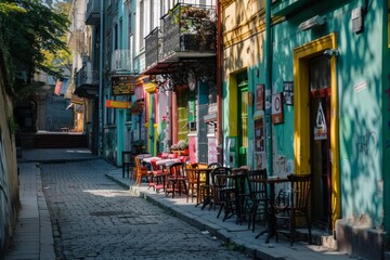 Fototapeta premium Enchanting Street Scene in Historic District with Cobblestone Streets, Colorful Buildings, and Sidewalk Café