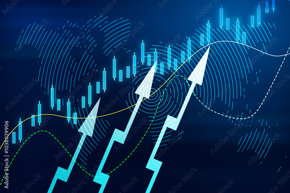 Poster global investing and trading market concept with digital bright raising up arrows and candlestick on