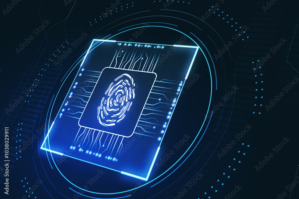Poster Security access and biometric identification concept with glowing digital graphic fingerprint in chipset on abstract dark background. 3D rendering
