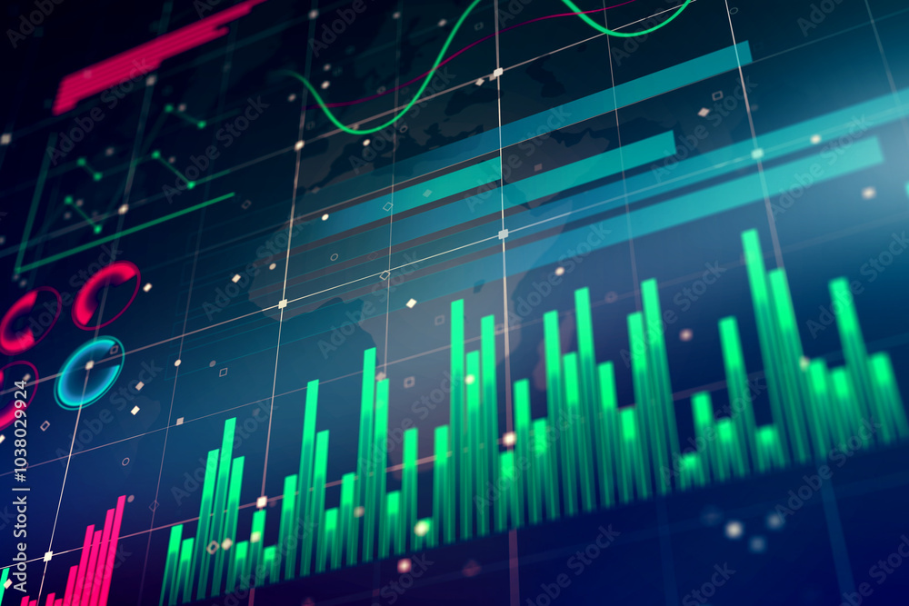Poster Finance report and analytics concept with infographic chart on blue technological background. 3D rendering
