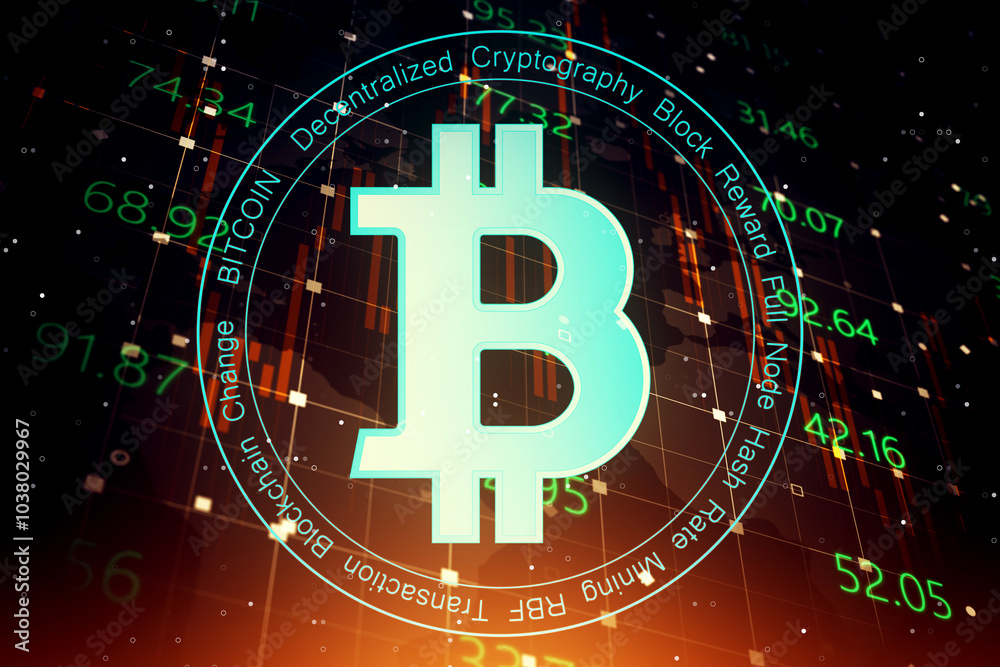 Aufkleber Digital money exchange and crypto currency concept with bitcoin icon on dark technological background with stats data. 3D rendering