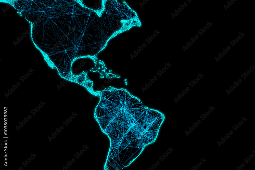 Poster bright digital blue lines in the form of america continent map on dark background. 3d rendering