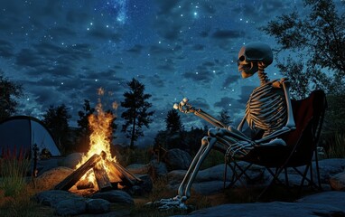 Fototapeta premium Skeleton at a Campfire. A 3D skeleton sitting around a campfire at night, roasting marshmallows, with a starry sky above and a cozy camping setup. 