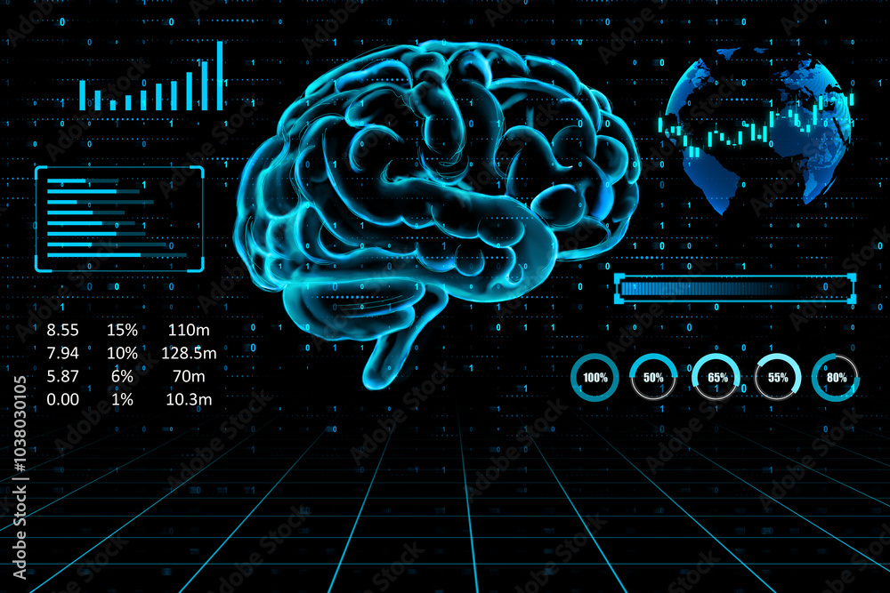 Poster Brain efficiency concept with digital blue human brain side view on dark background with stats indicators. 3D rendering