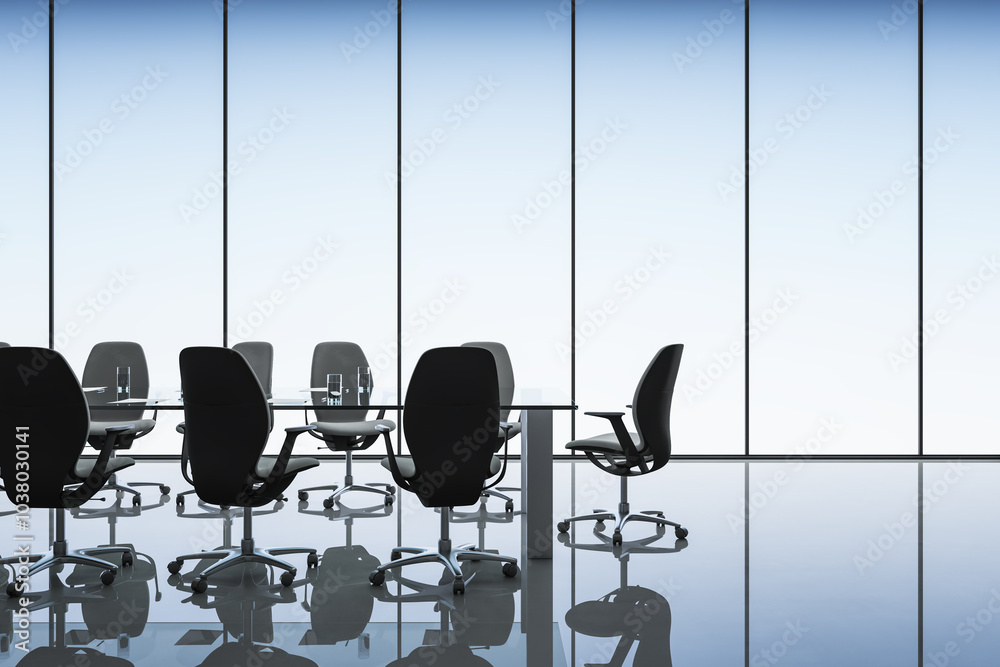 Poster Side view on stylish conference table surrounded by dark chairs in empty spacious office with mat walls and glossy floor with reflection. 3D rendering