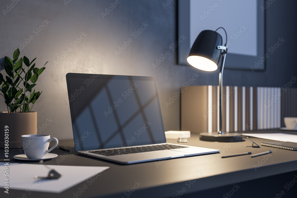 Poster side view on blank dark laptop screen with copyspace for your text or logo on dark wooden table with