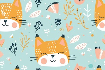 Happy Foxes and Nature Elements Pattern