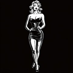 pin-up woman wearing a form-fitting tight dress, vintage fashion beauty sketch engraving generative ai fictional character vector illustration. 