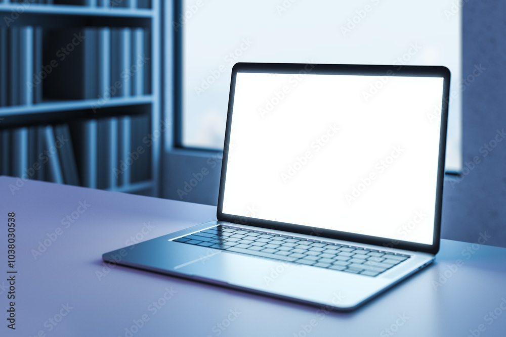 Aufkleber Perspective view on blank white illuminated modern laptop screen with copyspace for your text or logo on empty table on blurred bookcase and window background. 3D rendering, mockup