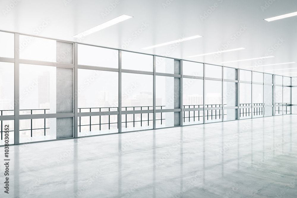 Poster Real estate concept with foggy city view from big windows in spacious empty hall with concrete floor and light ceiling. 3D rendering