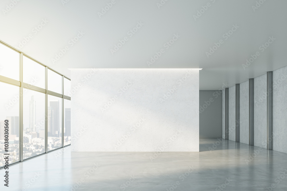 Aufkleber Front view on blank white partition with copyspace for your logo or text in empty spacious sunlit hall with concrete floor, city view from big window and grey walls. 3D rendering, mockup