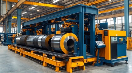Fototapeta premium A wide shot of a modern metal sheet factory with advanced machinery and steel coils. 