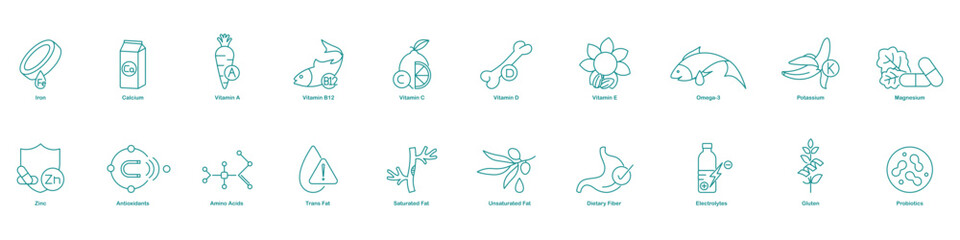 Iron, Calcium, Vitamins A, B12, C, D, E, Omega-3, Potassium, Magnesium, Zinc, Antioxidants, Amino Acids, Trans Fats, Saturated Fats, Unsaturated Fats, Dietary Fiber, Electrolytes, Gluten icons