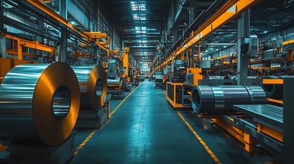 Fototapeta premium A wide shot of a modern metal sheet factory with advanced machinery and steel coils. 