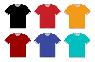 T-shirt vector icon set in different color isolated on a white background. Clothing icons set in colors. T-shirt icon collection. Isolated vector illustration. Flat design.