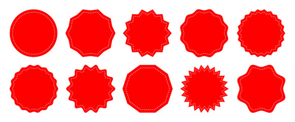 Collection circle postage stamps red color. Round stamp sticker vector icon set in red color. Price sticker set, sale or discount sticker. Circle template for logo, stickers and business symbol set.