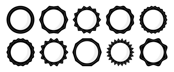 Set of simple circle frame vector icon set. Collection of empty circular stamp. Rounded zig-zag stitched circle set black and white color. Circle template for logo, stickers and business sign symbol.