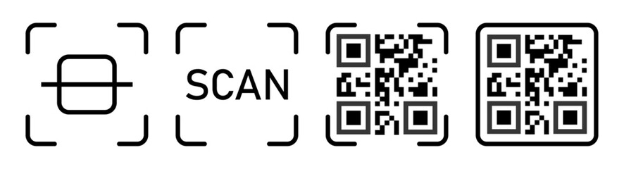 Barcode scanner icon symbol set in black color isolated on a white background. Qr code icon set. Scan code sign product reader icons. Barcode scanner icon. QR code for payment. Vector illustration.