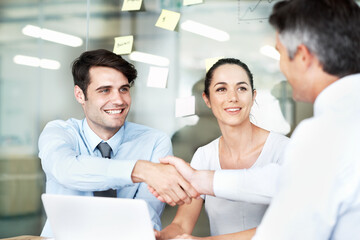 Business people, deal or handshake in meeting for funding, teamwork or financial partnership. Collaboration, finance agreement or investment banker greeting manager for networking or b2b negotiation