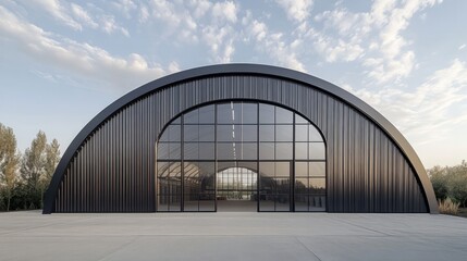 Obraz premium Modern Architectural marvel: A striking image of a contemporary hangar, featuring a sleek, curved design with expansive glass doors, set against a serene, partly cloudy sky. 