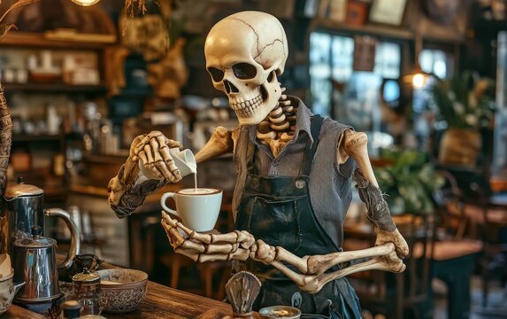 A skeleton wearing a barista apron, pouring milk into a coffee cup to make a latte, with a cozy cafee background. 