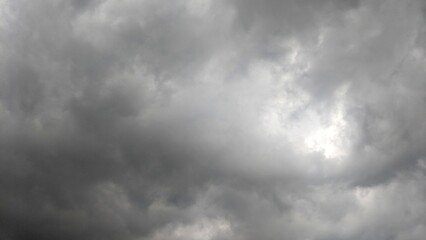 A cloudy sky with dark, ominous clouds. The clouds are thick and appear to be moving quickly. There are faint streaks of light visible through the clouds.