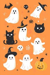 Fototapeta premium Cute Halloween Ghosts and Spooky Icons Decorate an Orange Background for Festive Celebrations During Autumn Festivities