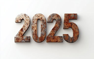 3D text "2025" with rusted metal texture realistic modern design, soft lighting, white background 