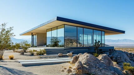 Obraz premium Modern glass house in a desert landscape with mountains in the background.
