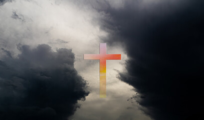 Cross christian god religion on clouds background, jesus church worship pray catholic grace christ, symbols christ love holy spiritual hope peach victory spirit meditation catholicism crucifix trush.