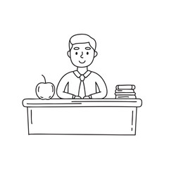 Illustration of male teacher sitting with apple and book on table