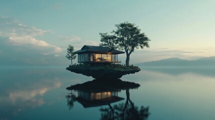 Serene Floating House with Trees Over Lake and Mountain Reflections at Dawn