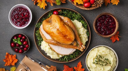 Top view of a Thanksgiving dinner table with turkey, cranberry sauce, mashed potatoes, and autumn decorations, perfect for holiday stock