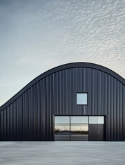 Obraz premium Modern Architectural Design: A sleek, contemporary building with a curved roof and dark metal cladding. The minimalist design features a large glass door and a small square window.