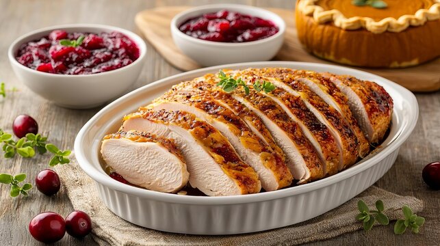 Thanksgiving feast with roasted turkey slices, cranberry sauce, and pumpkin pie, styled for a cozy family celebration - Powered by Adobe
