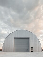 Modern Hangar Architecture: A sleek, curved metal hangar stands against a dramatic sky. The architectural design is minimalist and functional, perfect for industrial or aviation contexts.