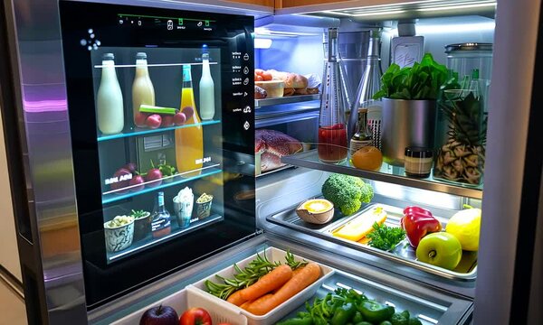 Modern Refrigerator Interior with Fresh Produce and Drinks