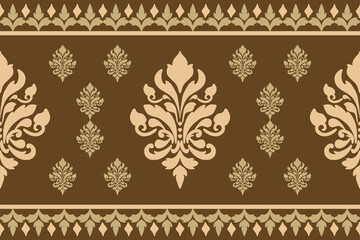 Gold Elegant Ornamental Damask Pattern with Floral Motifs on Brown Background,.Vector Illustration for Elegant Textile design for wrapping,dress, silk, scarf, background, textile, carpet.